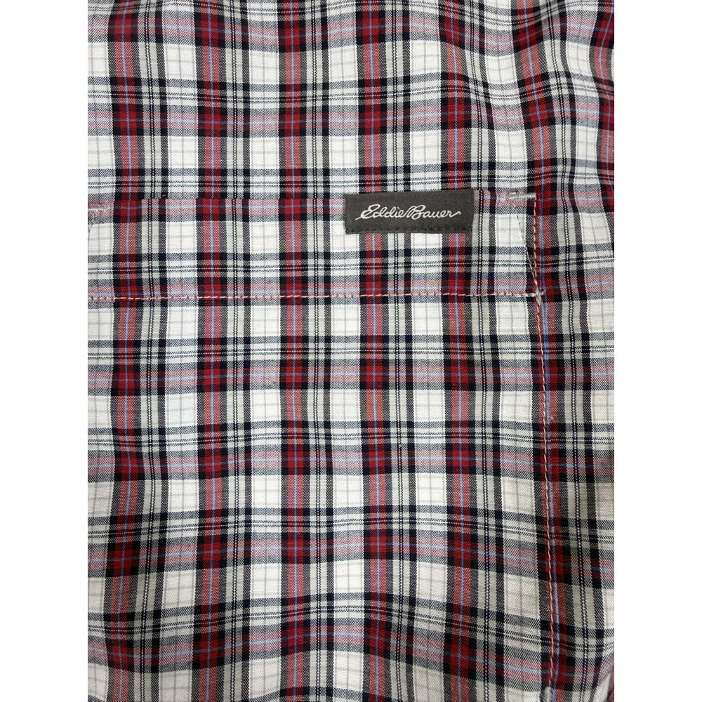 Eddie Bauer Mens XL Tall Classic Fit Plaid Button Down Shirt Red White Navy - Picture 5 of 11